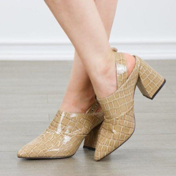 New Pointed Toe Croc-Embossed Block Heel Slingback Sandals Mules Chic & Elegant - Picture 3 of 8